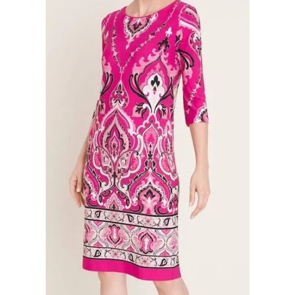 Chico's Abstract Paisley Print Shift Dress Size 2 (Womens Large) Hot Pink Career - Picture 1 of 8